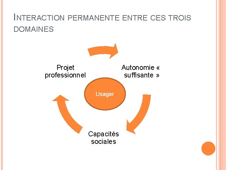 INTERACTION PERMANENTE ENTRE CES TROIS DOMAINES Projet professionnel Autonomie « suffisante » Usager Capacités