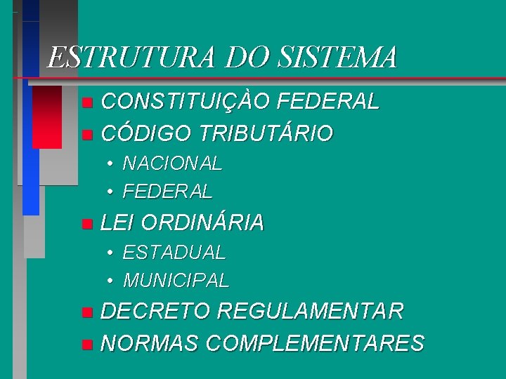 ESTRUTURA DO SISTEMA CONSTITUIÇÀO FEDERAL n CÓDIGO TRIBUTÁRIO n • NACIONAL • FEDERAL n