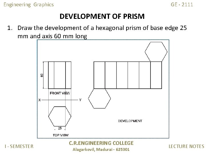 Engineering Graphics GE - 2111 DEVELOPMENT OF PRISM 1. Draw the development of a