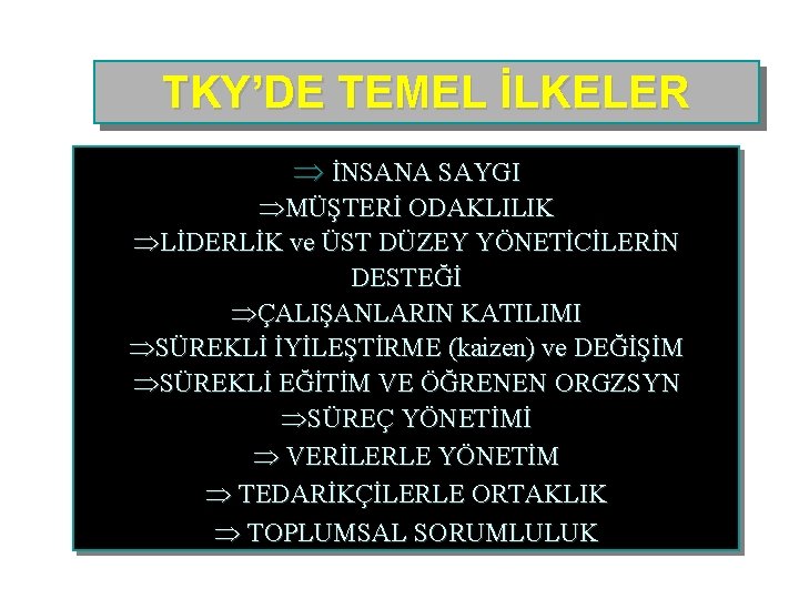 TKY’DE TEMEL İLKELER Þ İNSANA SAYGI ÞMÜŞTERİ ODAKLILIK ÞLİDERLİK ve ÜST DÜZEY YÖNETİCİLERİN DESTEĞİ