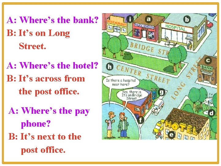 A: Where’s the bank? B: It’s on Long Street. A: Where’s the hotel? B: