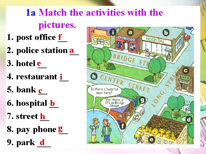 1 a Match the activities with the pictures. 1. post office f__ 2. police