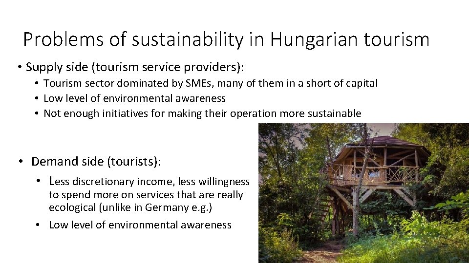 Problems of sustainability in Hungarian tourism • Supply side (tourism service providers): • Tourism