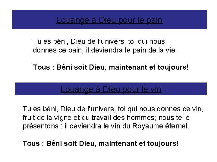 Louange à Dieu pour le pain Tu es béni, Dieu de l’univers, toi qui