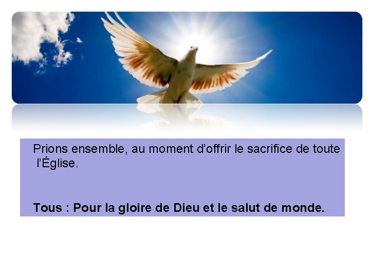 Prions ensemble, au moment d’offrir le sacrifice de toute l’Église. Tous : Pour la