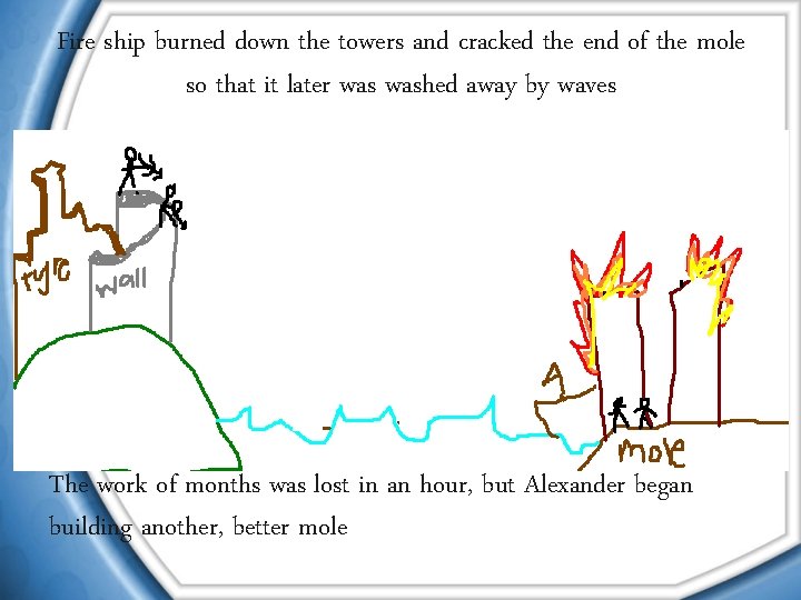 Fire ship burned down the towers and cracked the end of the mole so