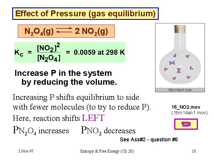 Effect of Pressure (gas equilibrium) N 2 O 4(g) 2 NO 2(g) Increase P