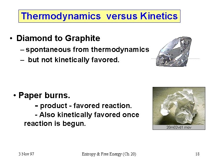 Thermodynamics versus Kinetics • Diamond to Graphite – spontaneous from thermodynamics – but not