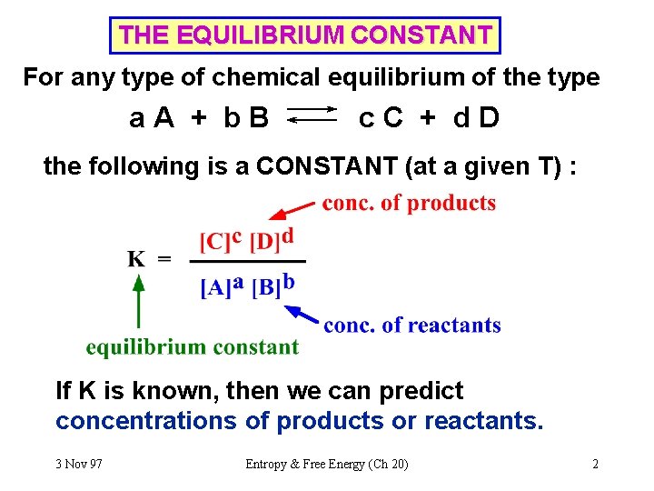 THE EQUILIBRIUM CONSTANT For any type of chemical equilibrium of the type a. A