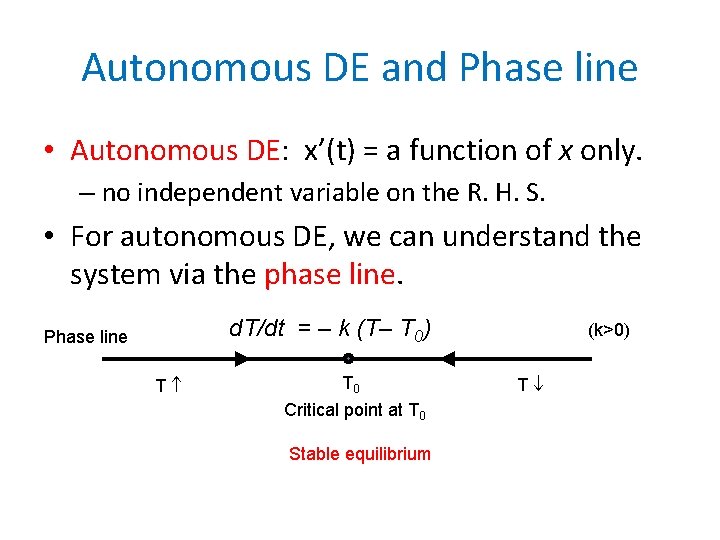 Autonomous DE and Phase line • Autonomous DE: x’(t) = a function of x