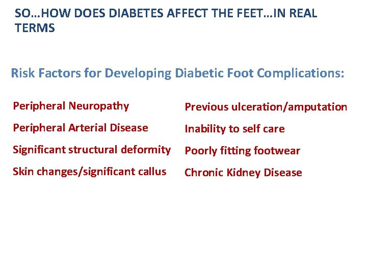 SO…HOW DOES DIABETES AFFECT THE FEET…IN REAL TERMS Risk Factors for Developing Diabetic Foot