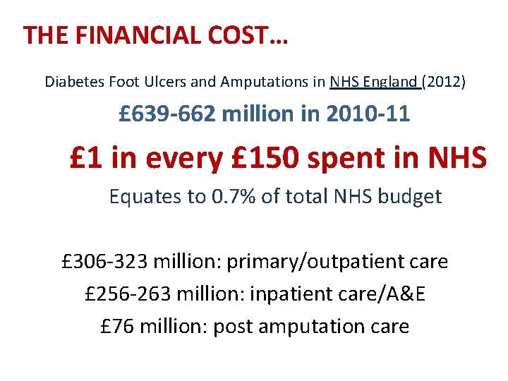 THE FINANCIAL COST… Diabetes Foot Ulcers and Amputations in NHS England (2012) £ 639