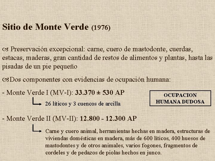 Sitio de Monte Verde (1976) Preservación excepcional: carne, cuero de mastodonte, cuerdas, estacas, maderas,