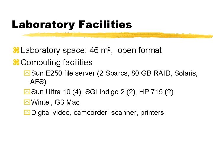 Laboratory Facilities z Laboratory space: 46 m 2, open format z Computing facilities y.