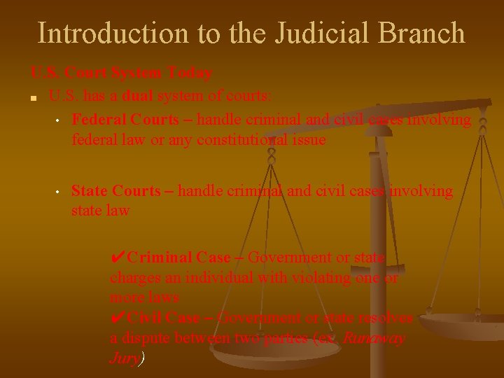 Introduction to the Judicial Branch U. S. Court System Today ■ U. S. has