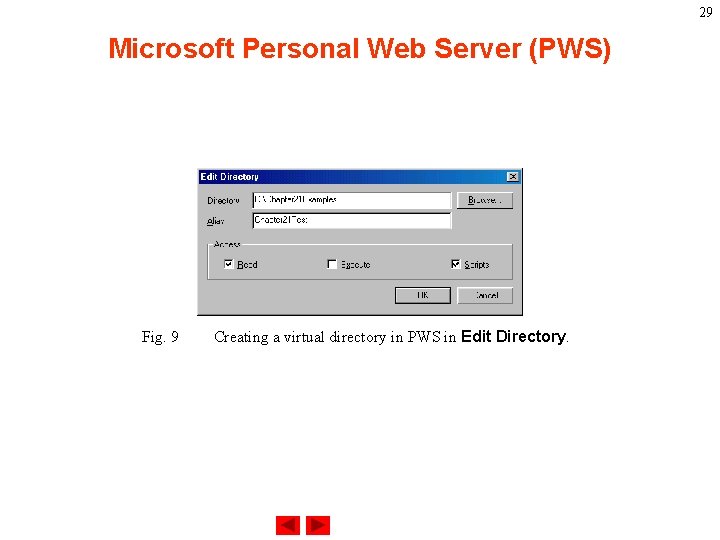 29 Microsoft Personal Web Server (PWS) Fig. 9 Creating a virtual directory in PWS
