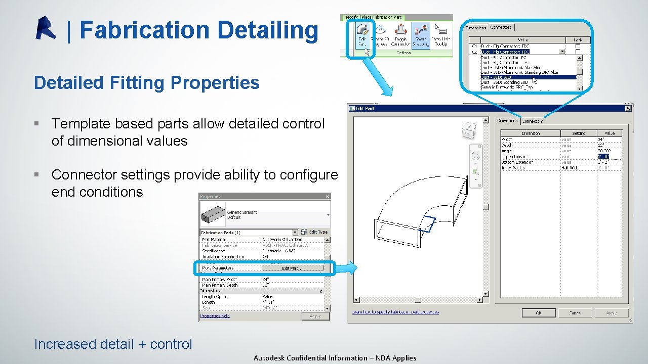 | Fabrication Detailing Detailed Fitting Properties § Template based parts allow detailed control of | Fabrication Detailing Detailed Fitting Properties § Template based parts allow detailed control of