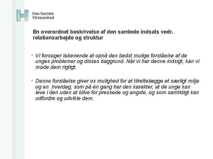 En overordnet beskrivelse af den samlede indsats vedr. relationsarbejde og struktur • Vi forsøger