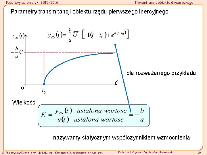 Podstawy automatyki 2015/2016 Transmitancja obiektu dynamicznego Parametry transmitancji obiektu rzędu pierwszego inercyjnego dla rozważanego