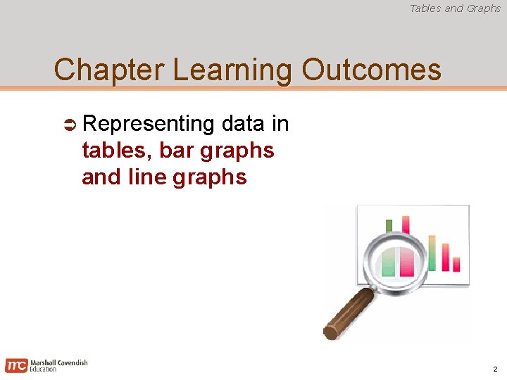 Tables and Graphs Chapter Learning Outcomes Representing data in tables, bar graphs and line