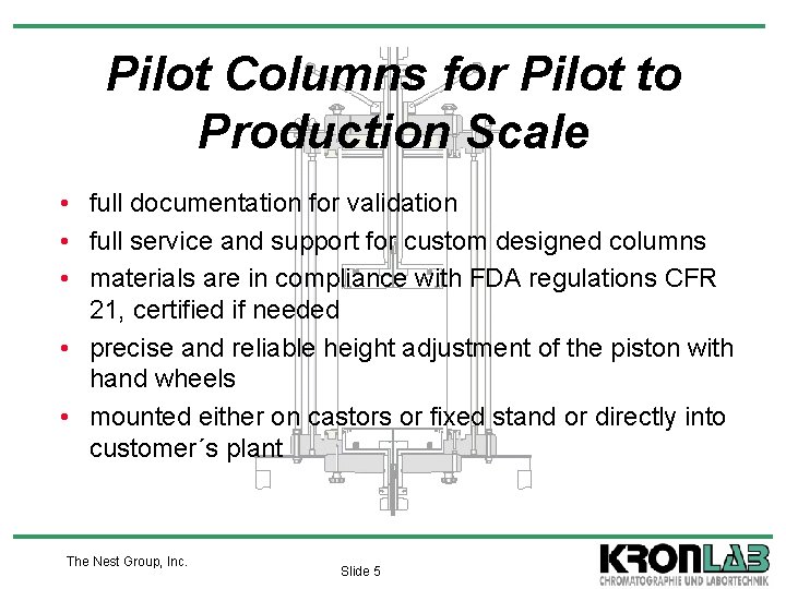 Pilot Columns for Pilot to Production Scale • full documentation for validation • full