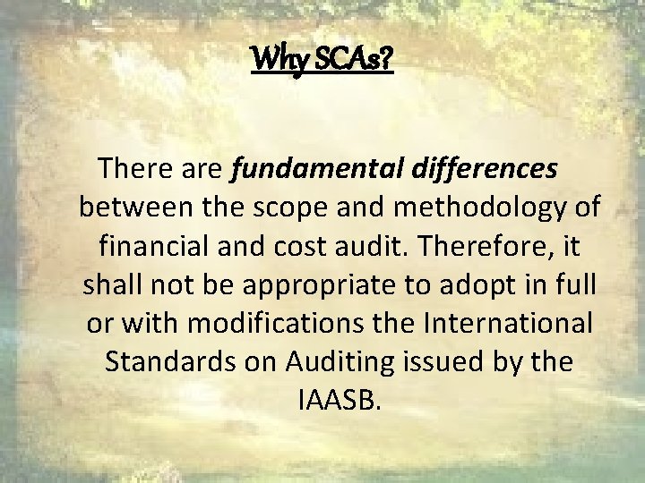 Why SCAs? There are fundamental differences between the scope and methodology of financial and