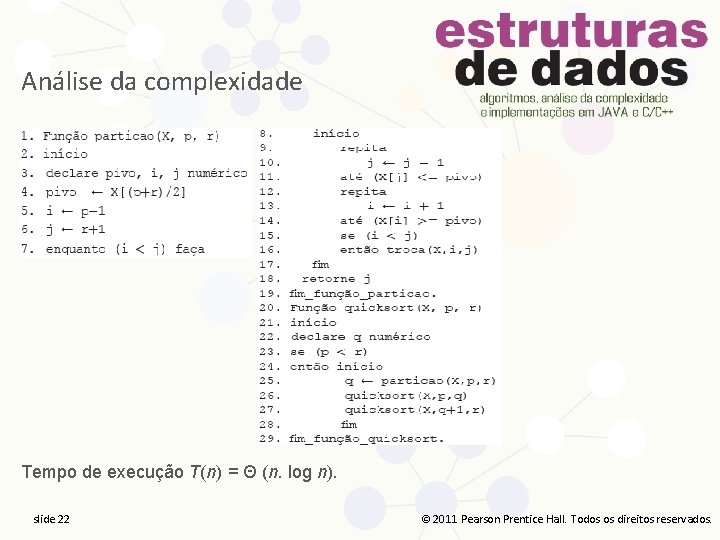 Análise da complexidade Tempo de execução T(n) = Θ (n. log n). slide 22