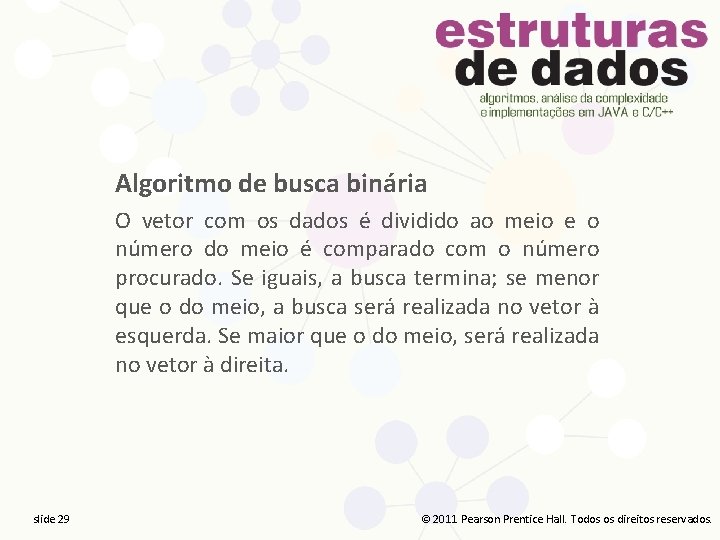 Algoritmo de busca binária O vetor com os dados é dividido ao meio e