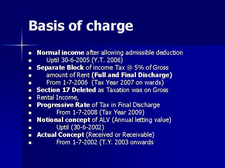 Basis of charge n n n n Normal income after allowing admissible deduction Uptil