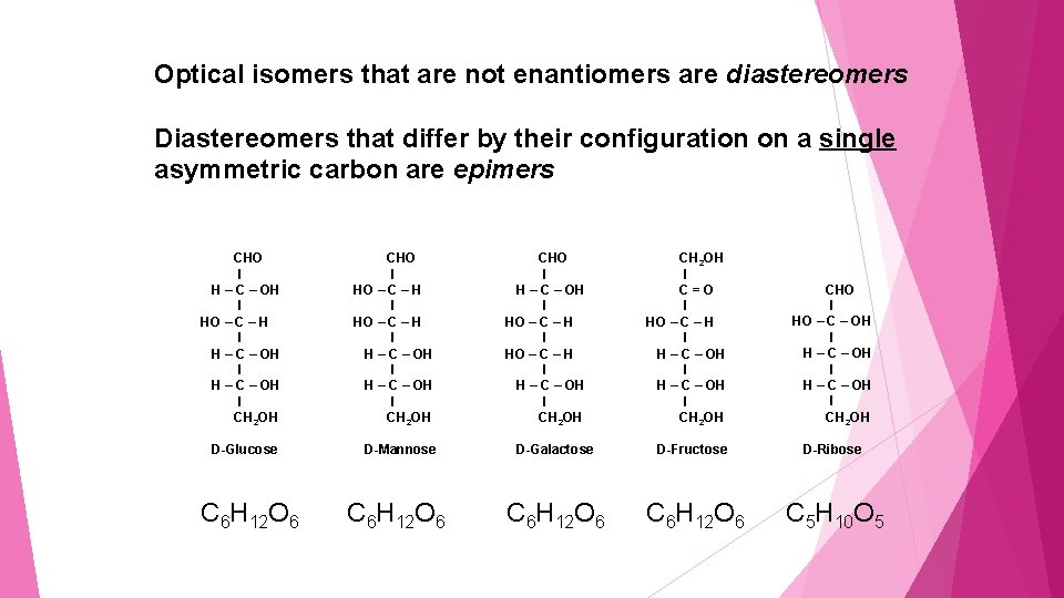 Optical isomers that are not enantiomers are diastereomers Diastereomers that differ by their configuration