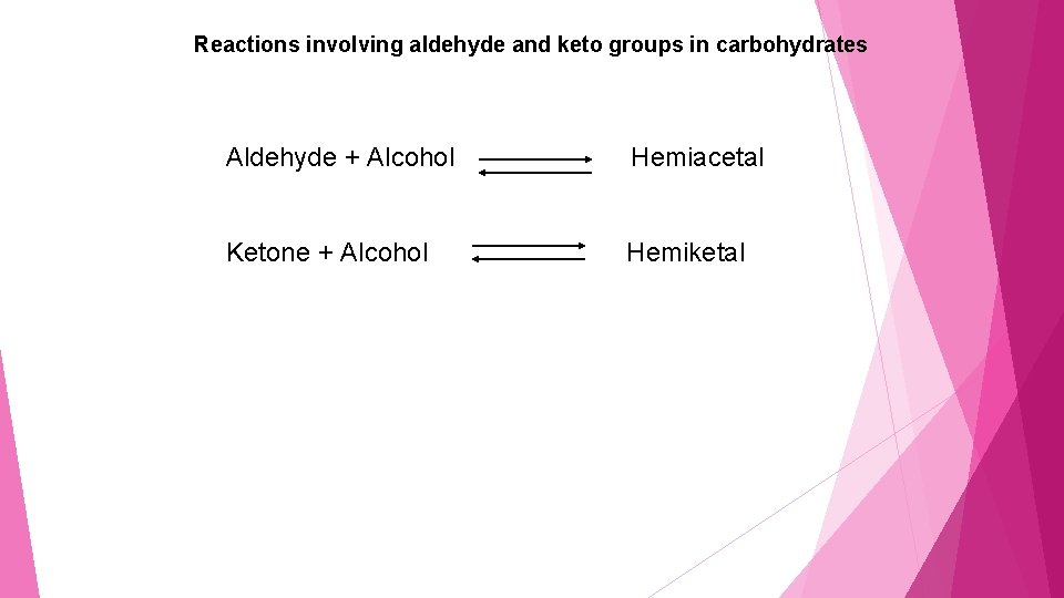 Reactions involving aldehyde and keto groups in carbohydrates Aldehyde + Alcohol Hemiacetal Ketone +