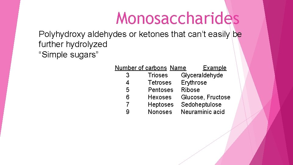 Monosaccharides Polyhydroxy aldehydes or ketones that can’t easily be further hydrolyzed “Simple sugars” Number