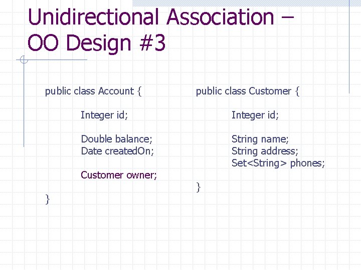 Unidirectional Association – OO Design #3 public class Account { Integer id; Double balance;