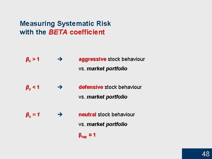 Measuring Systematic Risk with the BETA coefficient βs > 1 aggressive stock behaviour vs.