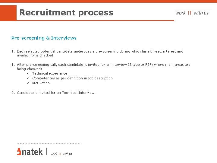 Recruitment process Pre-screening & Interviews 1. Each selected potential candidate undergoes a pre-screening during