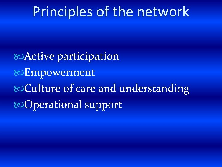 Principles of the network Active participation Empowerment Culture of care and understanding Operational support