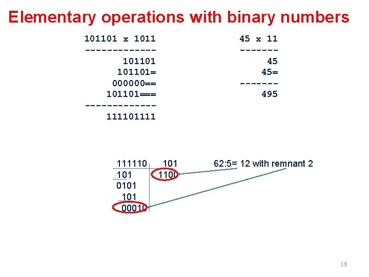 Elementary operations with binary numbers 101101 x 1011 ------101101= 000000== 101101=== ------11110111110 101 0101