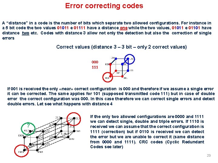 Error correcting codes A “distance” in a code is the number of bits which