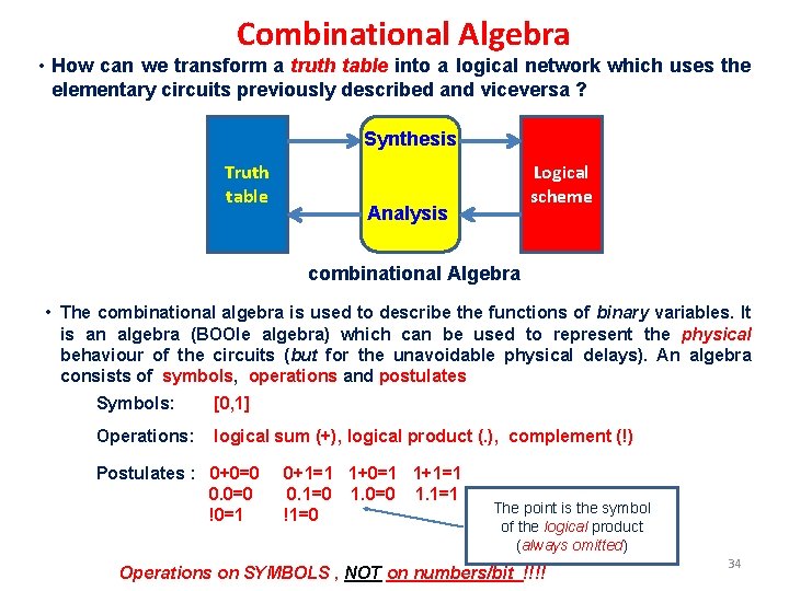 Combinational Algebra • How can we transform a truth table into a logical network