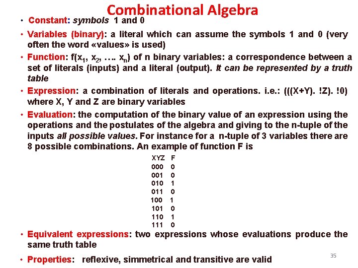 Combinational Algebra • Constant: symbols 1 and 0 • Variables (binary): a literal which