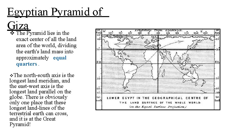 Egyptian Pyramid of Giza v The Pyramid lies in the exact center of all