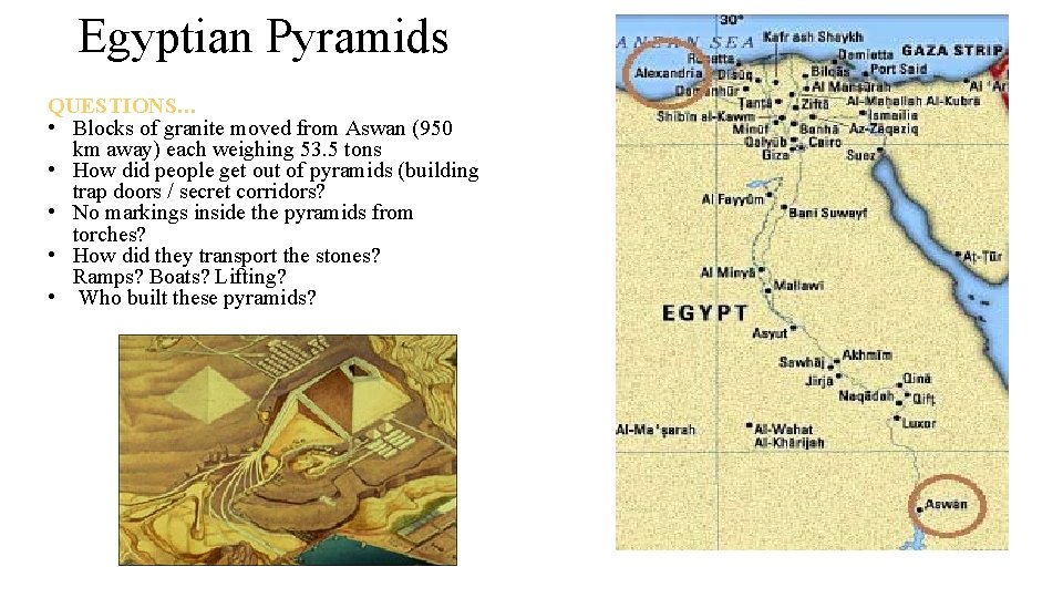 Egyptian Pyramids QUESTIONS… • Blocks of granite moved from Aswan (950 km away) each