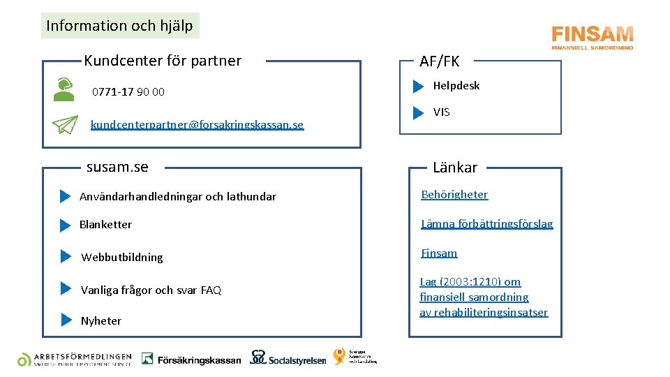 Information och hjälp Kundcenter för partner 0771 -17 90 00 kundcenterpartner@forsakringskassan. se susam. se