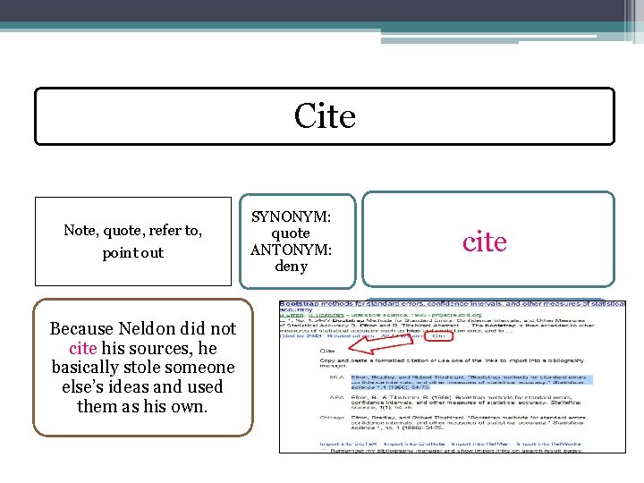 Cite Note, quote, refer to, point out Because Neldon did not cite his sources,