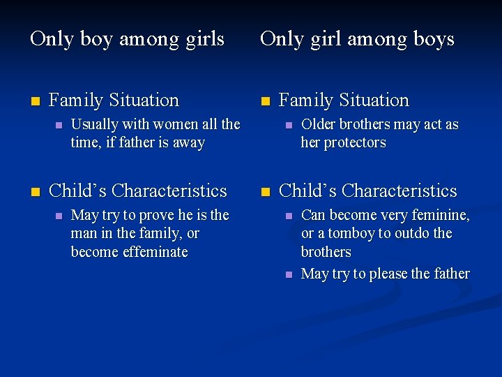 Only boy among girls n Family Situation n Usually with women all the time,