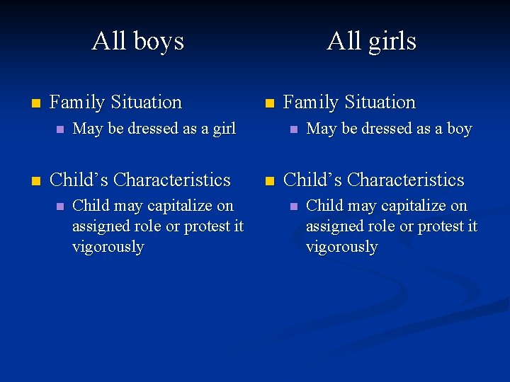 All boys n Family Situation n May be dressed as a girl Child’s Characteristics