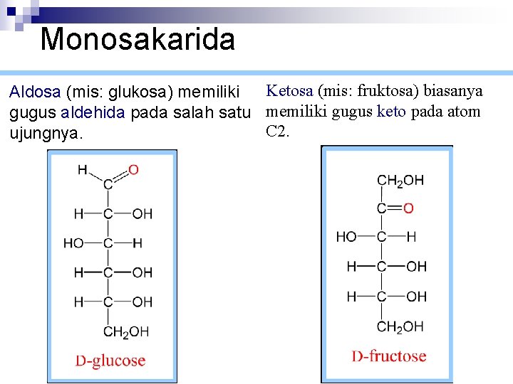Monosakarida Aldosa (mis: glukosa) memiliki Ketosa (mis: fruktosa) biasanya gugus aldehida pada salah satu