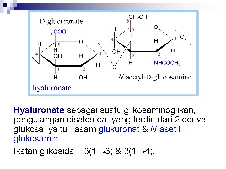 Hyaluronate sebagai suatu glikosaminoglikan, pengulangan disakarida, yang terdiri dari 2 derivat glukosa, yaitu :