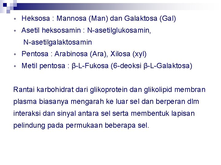 w Heksosa : Mannosa (Man) dan Galaktosa (Gal) w Asetil heksosamin : N-asetilglukosamin, N-asetilgalaktosamin