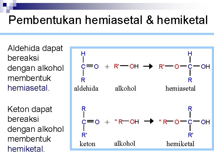 Pembentukan hemiasetal & hemiketal Aldehida dapat H bereaksi OH C O + R' dengan